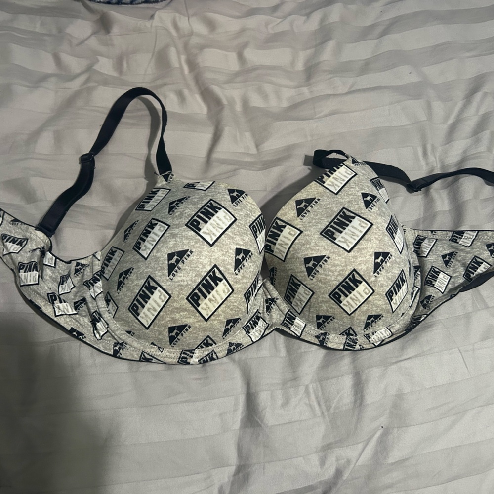 PINK Victoria's Secret Gray and Black Logo Bra